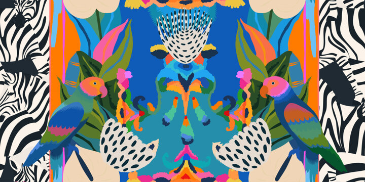 Exotic ethnic abstract pattern with parrots and zebras. Colourful dynamic contemporary seamless pattern. Hand drawn unique print.