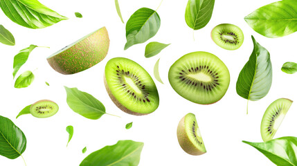Fototapeta premium kiwi fruit with half slices and green leaves isolated on transparent white background, clipping path
