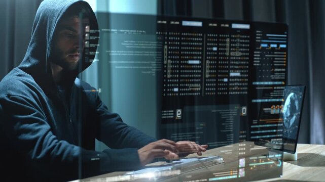 Futuristic cyber hacker operating under the guise of Anonymous, employs advanced algorithms to infiltrate cybersecurity systems and exploit vulnerabilities in password security. Concept : Cyber Hacker