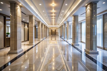 Obraz premium Elegant marble hallway with sleek pillars and a reflective floor stretches into the distance, creating a sense of luxury and sophistication in modern architecture.