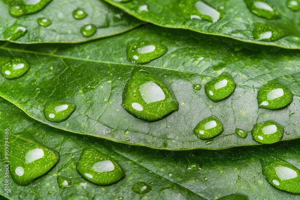 Wall mural Closeup of green leaf with water droplets