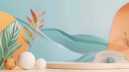 Fototapeta premium Abstract Blue and Orange Background with White Platform and Leaves