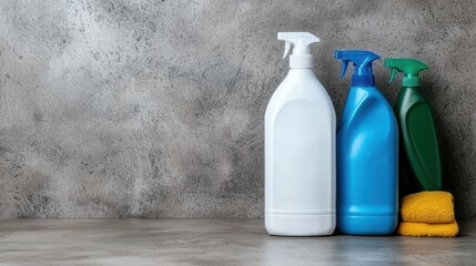 Cleaning supplies on concrete background