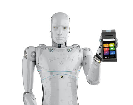 Cashless payment with robot hand holding credit card reader isolated