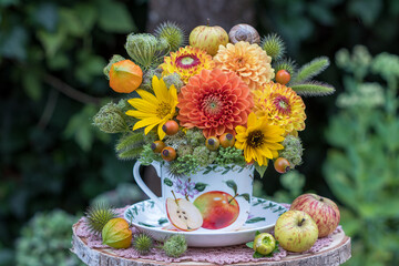 Blumen-Arrangement mit gelben und orange Dahlien, Sonnenblumen, Wilde Möhren, Gräsern, Hagebutten...