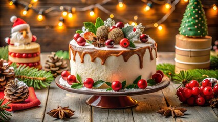 Joyful festive atmosphere with a deliciously decorated cake taking center stage, evoking feelings of happiness and contentment during the merry Christmas season.