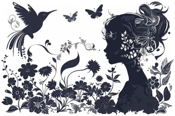 Elegant Silhouette of Woman with Floral and Bird Elements