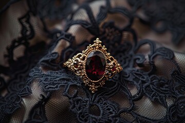 Vintage-inspired ring with a garnet center stone and intricate detailing on a black lace background
