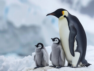 Emperor Penguin With Two Chicks Standing On Snowy Ice In Antarctica