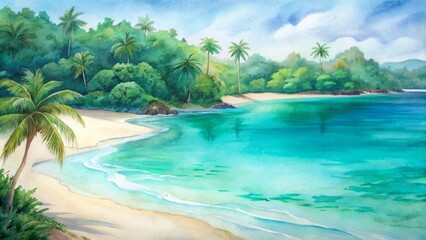Fototapeta premium Serene turquoise waters lap against the powdery white sand beach of a secluded tropical island, surrounded by lush green palm trees and vibrant flora.