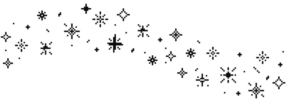 Pixel star retro 8 bit sparkle wavy border seamless frame. Shiny game pixel art effect set. Firework burst, space decoration. 90s aesthetics, y2k 