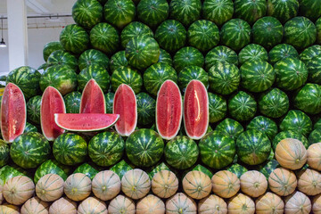 Watermelons and melons in a market in Dubai City, UAE.