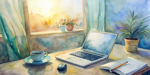 Cozy home workspace setup with laptop, notebook, and coffee, depicting a remote work environment for a young professional, with ample copy space.