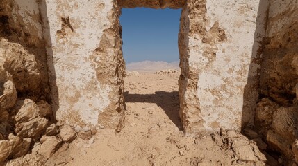 Dramatic desert landscape framed by ancient ruins