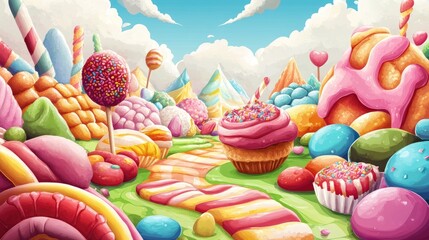 Detailed vector illustration of a cartoon Candyland, filled with imaginative and colorful sweets.