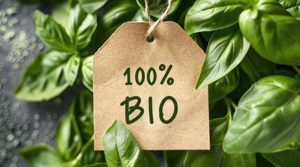 paper label with text 100 percent bio healthy food concept