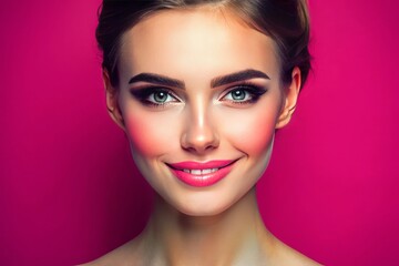 Fototapeta premium Vibrant pink background highlights the flawless, well-groomed eyebrows of a youthful woman, with a subtle smile, perfect for beauty, fashion, or lifestyle advertising.