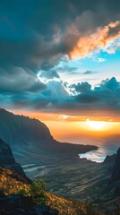 Fototapeta premium Sunset Over Mountains And Ocean