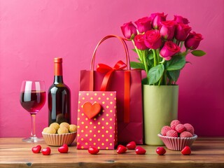 Vibrant still life of Valentine's Day essentials on a colorful background, featuring a decorated shopping bag, wine bottle, gifts, and treats, with ample empty space.