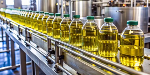 Naklejka premium Modern computerized industrial equipment on automatic olive oil bottling conveyor line in beverage production plant or factory, showcasing efficient vegetable oil manufacturing process.