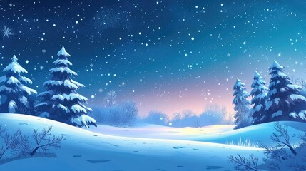 Enchanting cartoon winter night, featuring snow-covered trees and a clear starry sky