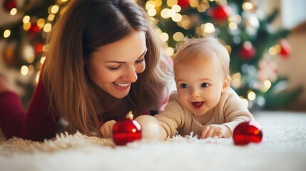 Mother and baby enjoying Christmas holiday together, lying on the floor with decorations and a Christmas tree in the background.