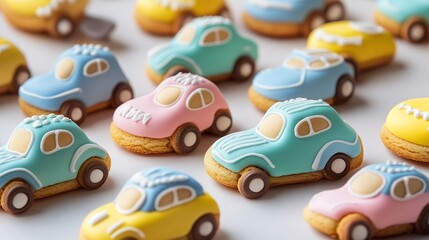 Colorful cookies shaped like automobiles.