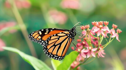 Obraz premium Close-up of a monarch butterfly feeding on milkweed, showcasing the symbiotic relationship, monarch butterfly milkweed, ecology, wildlife interaction