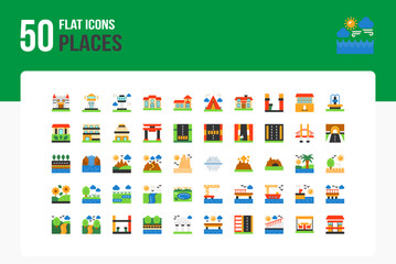 Set of 50 Places icons related to Castle, Lighthouse, Tower, Mansion Flat Icon collection