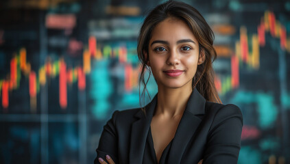 Obraz premium Stock market concept with proud trader woman on digital screen background with glowing yellow and blue financial chart graphs and diagrams