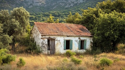Obraz premium A whitewashed, tin-roofed abandoned cottage in a Greek village.
