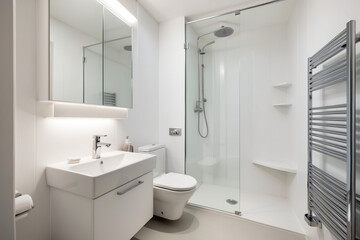Compact and Functional Bathroom with White Walls and Space-Saving Solutions