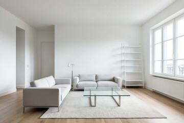 A Modern Minimalist Living Room with Pristine White Walls and Sleek Furniture