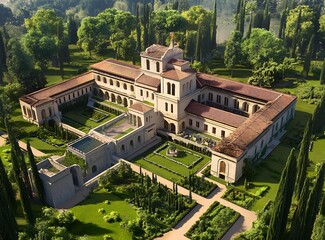 Fototapeta premium Aerial View of a Large Stone Building Surrounded by Green Grass and Trees