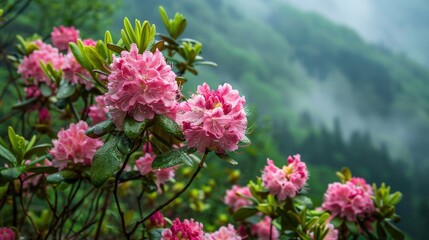 Fototapeta premium Clusters of vibrant pink rhododendron flowers bloom amid misty green hills during early spring, showcasing nature's beauty