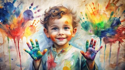 Vibrant wall transformed into a masterpiece with colorful handprints, paint splatters, and swirling brushstrokes, showcasing a child's creativity and artistic expression.