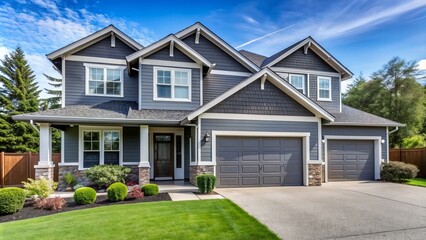 Modern suburban home with gray vinyl siding and a spacious attached garage featuring black doors and a neatly manicured lawn on a sunny day.