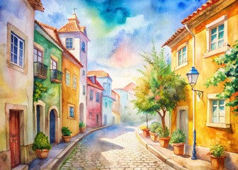 Naklejka premium Vibrant summer scenes of Portugal's charming streets, historic buildings, and picturesque alleys, awaiting exploration by happy young travelers, full of adventure and discovery.