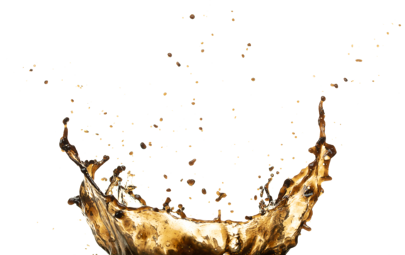 Black Coffee, tea, espresso, cola pouring and splash as crown water. Coffee, tea, espresso, cola explode bubble splash in mid air. White background isolated photo with gold glitter