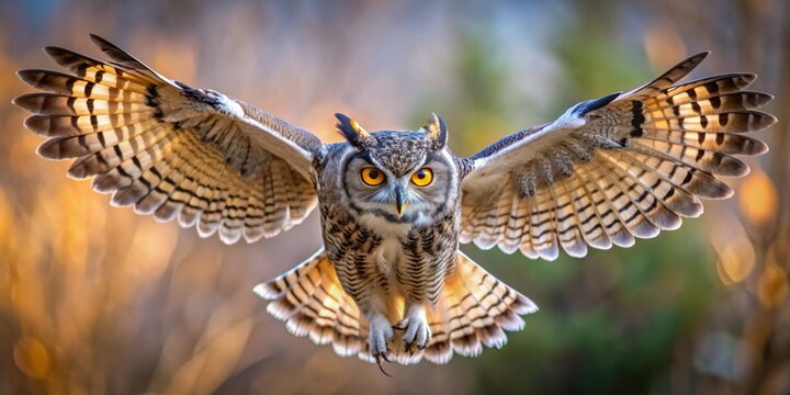 Majestic great horned owl in flight swoops towards camera with outstretched wings, feathers ruffled, sharp talons extended, piercing yellow eyes fixed on prey in mid-air.