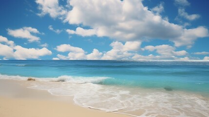 Fototapeta premium Palm tree on the tropical beach close to ocean in sunny daytime. Neural network ai generated art