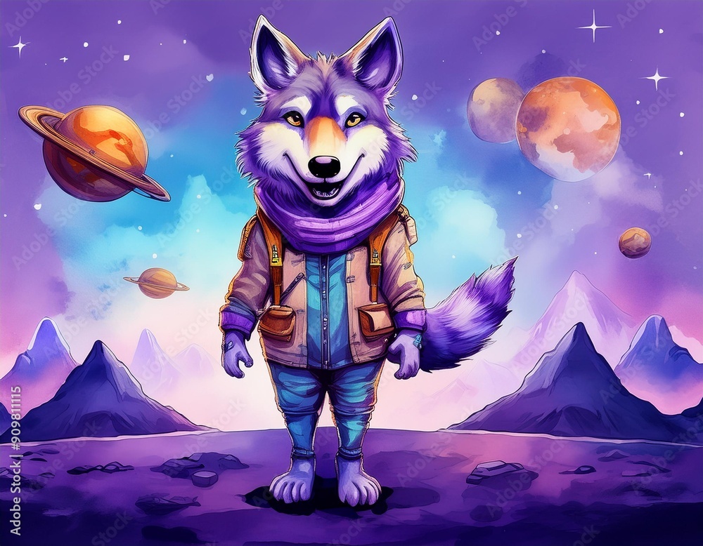 Wall mural cartoon wolf on the moon in the night