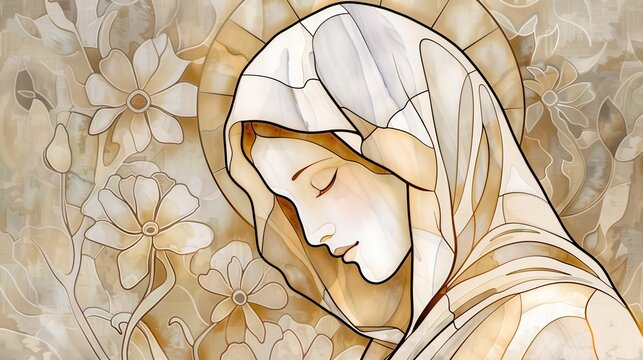 Gracious Christian Stained Glass Depicting Virgin Mary on Beige Background and Copyspace