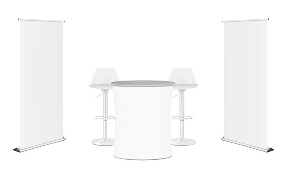 Trade show booth display kit mock-up. White blank expo tradeshow set template. Roll-up retractable banner stands, table counter, swivel bar stools. Realistic 3d vector mockup