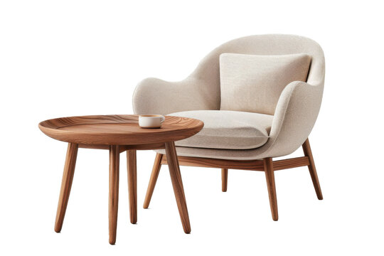 A wooden coffee table sits next to a white chair