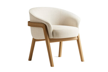 A wooden chair with a white cushion sits on a white background