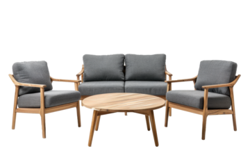 A set of wooden chairs and a coffee table are arranged in a circle