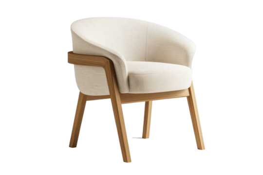 A wooden chair with a white cushion sits on a white background