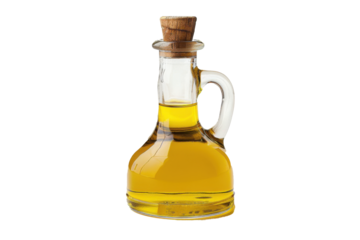 A glass bottle of olive oil with a cork stopper