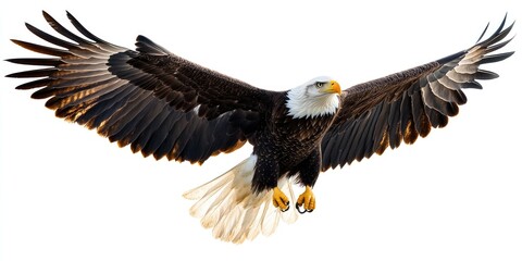 Obraz premium A majestic bald eagle soaring through the air, its wings fully extended